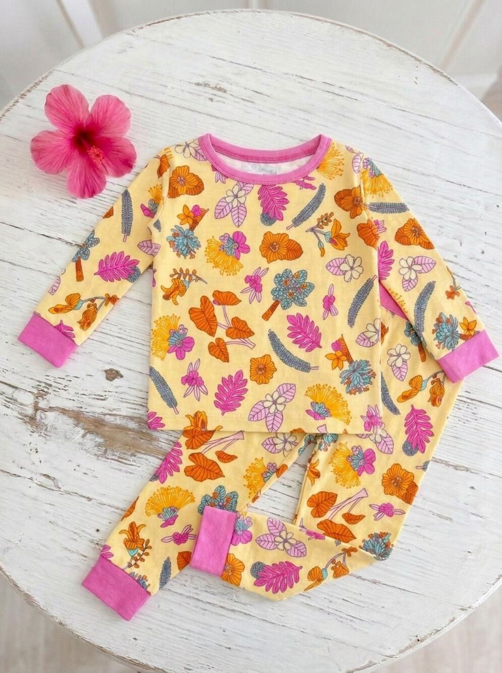 Coco Moon Hawaii Long Bamboo Pajamas Roots Blooms Two Piece Size 4T